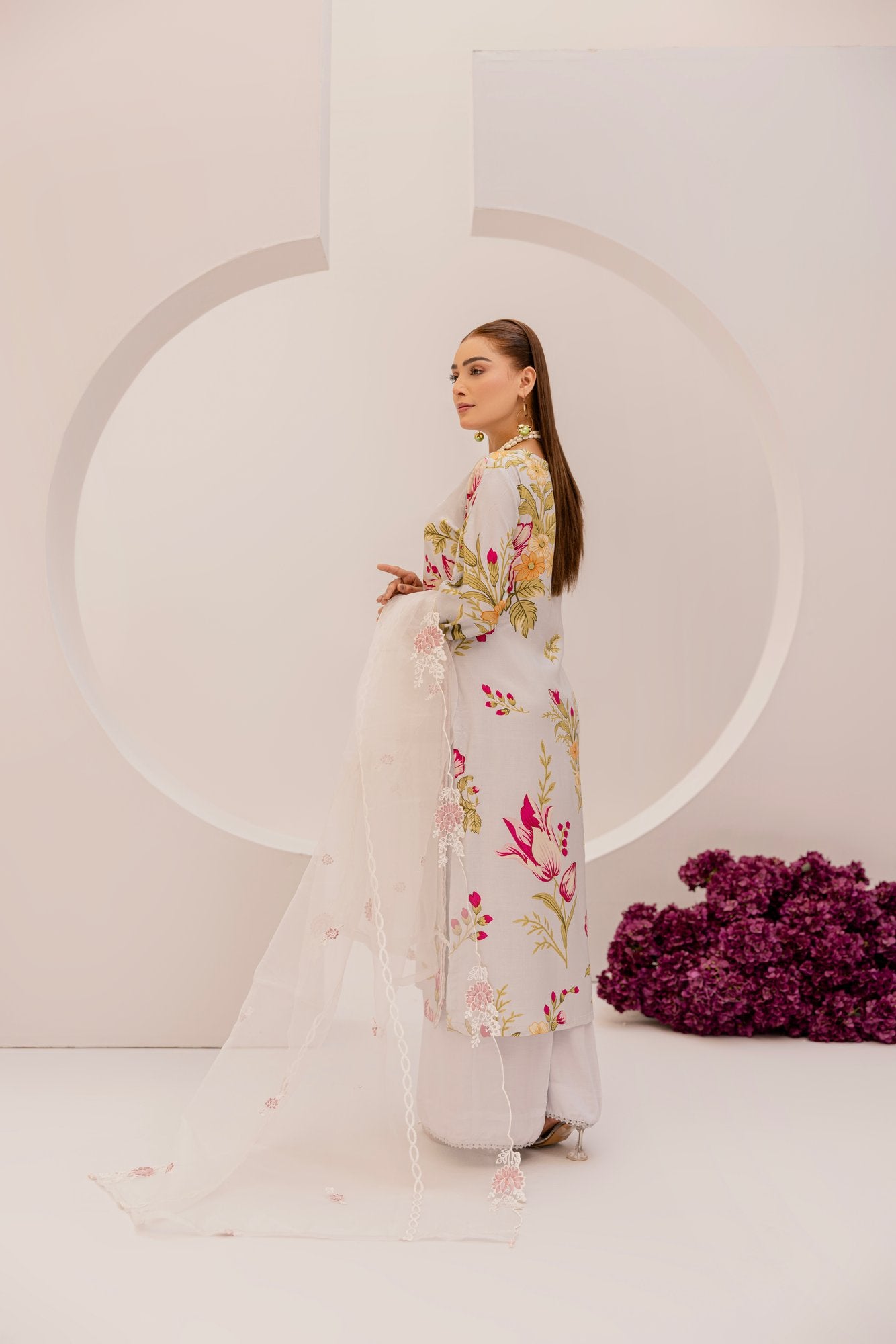 Grey | Floral Printed Embroidered Linen | 3 Pc | Ready-to-wear Dress - Simrans