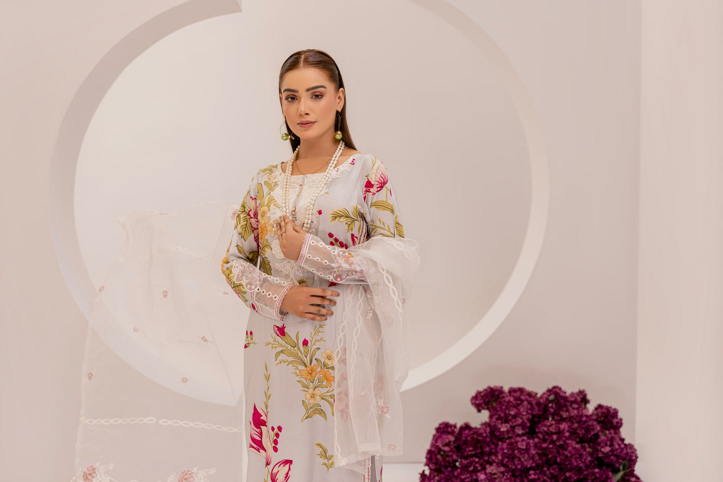 Grey | Floral Printed Embroidered Linen | 3 Pc | Ready-to-wear Dress - Simrans