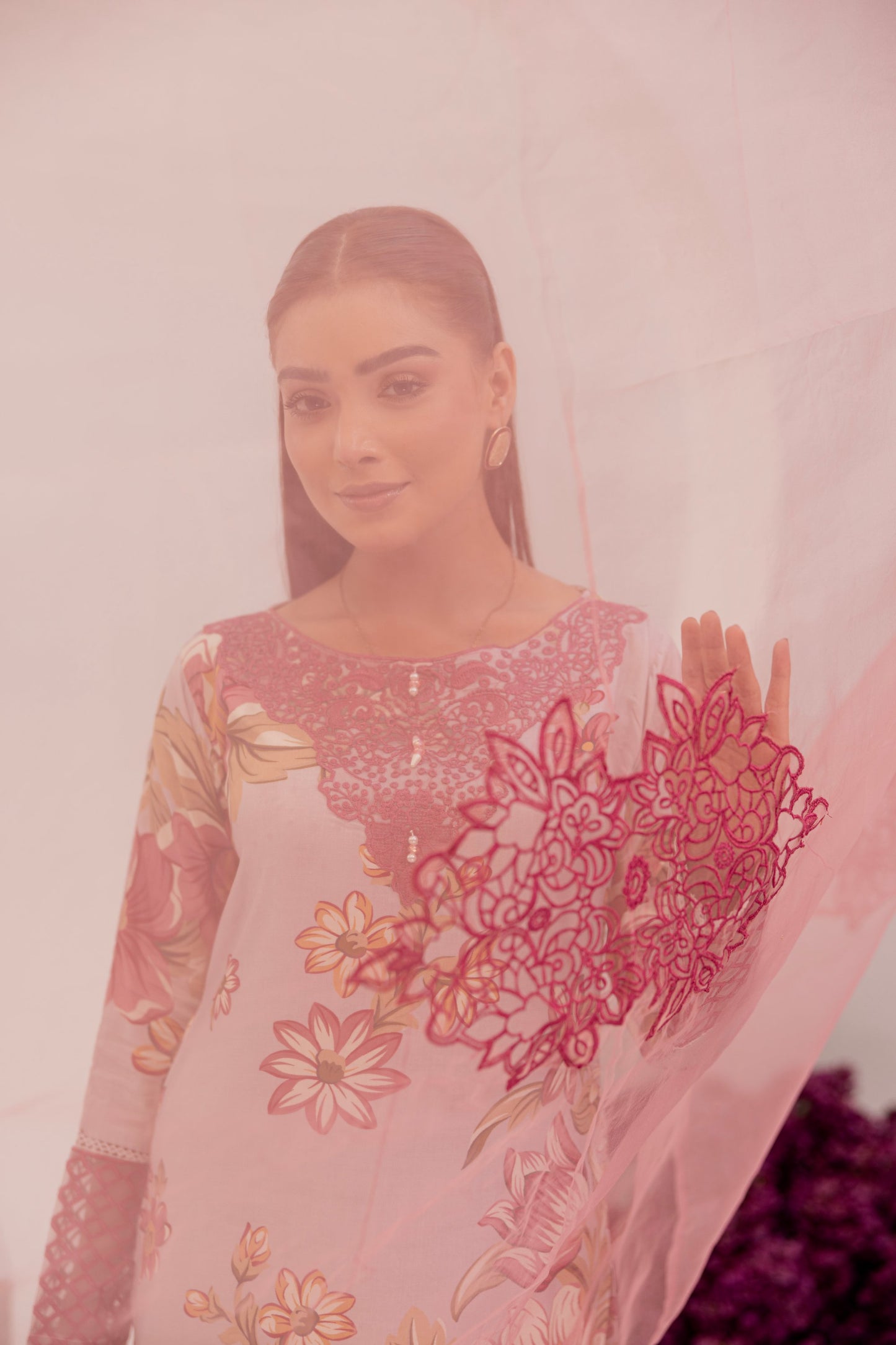 Pinkish Grey | Floral Printed Embroidered Linen | 3 Pc | Ready-to-wear Dress - Simrans
