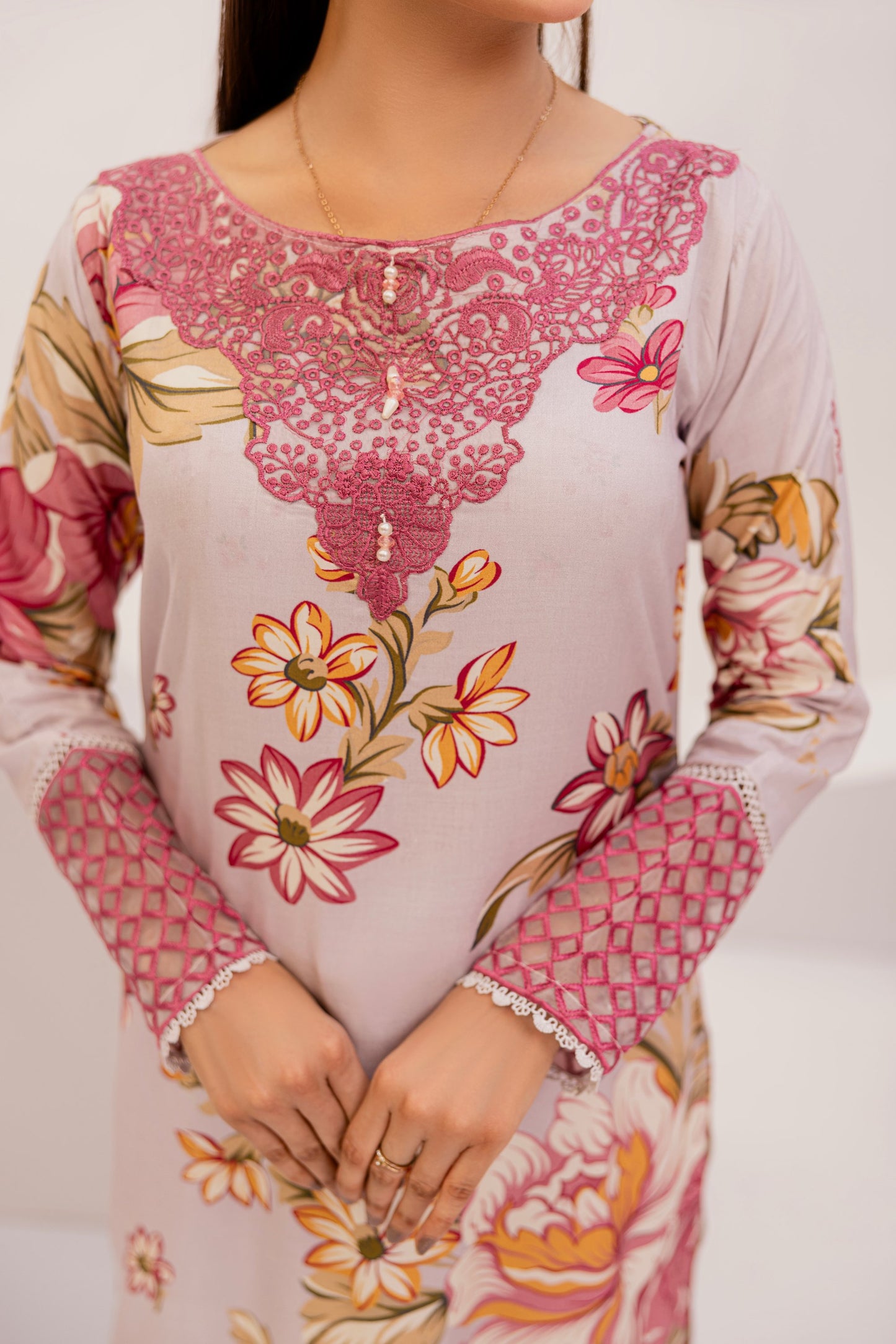 Pinkish Grey | Floral Printed Embroidered Linen | 3 Pc | Ready-to-wear Dress - Simrans