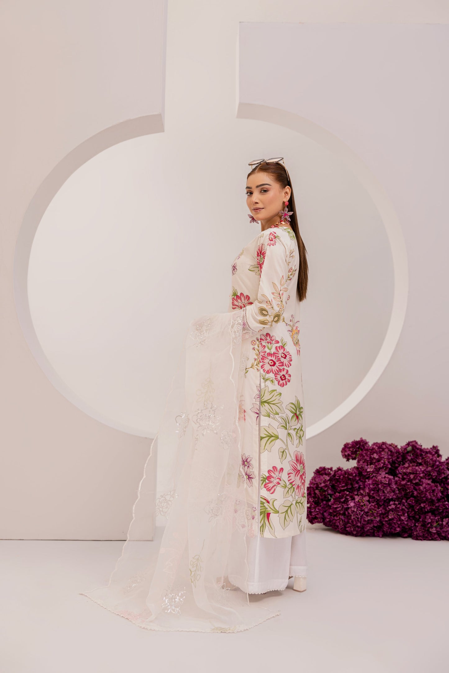 Cream | Floral Printed Embroidered Linen | 3 Pc | Ready-to-wear Dress - Simrans