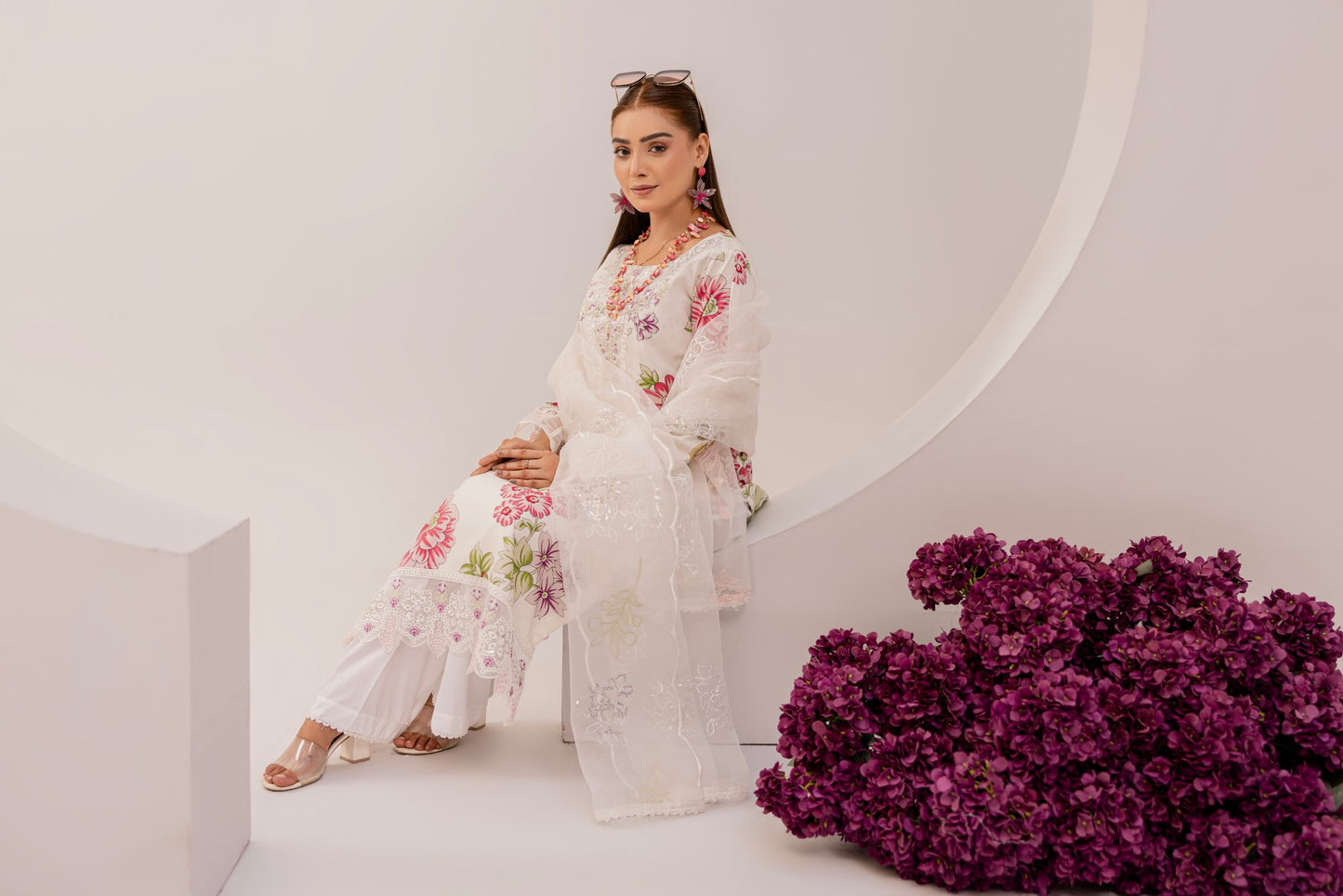 Cream | Floral Printed Embroidered Linen | 3 Pc | Ready-to-wear Dress - Simrans