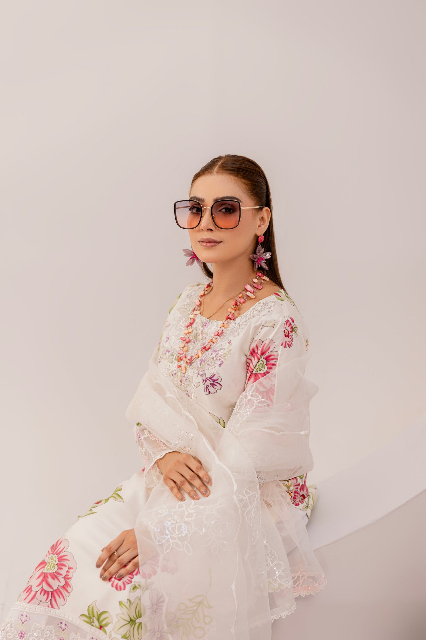 Cream | Floral Printed Embroidered Linen | 3 Pc | Ready-to-wear Dress - Simrans