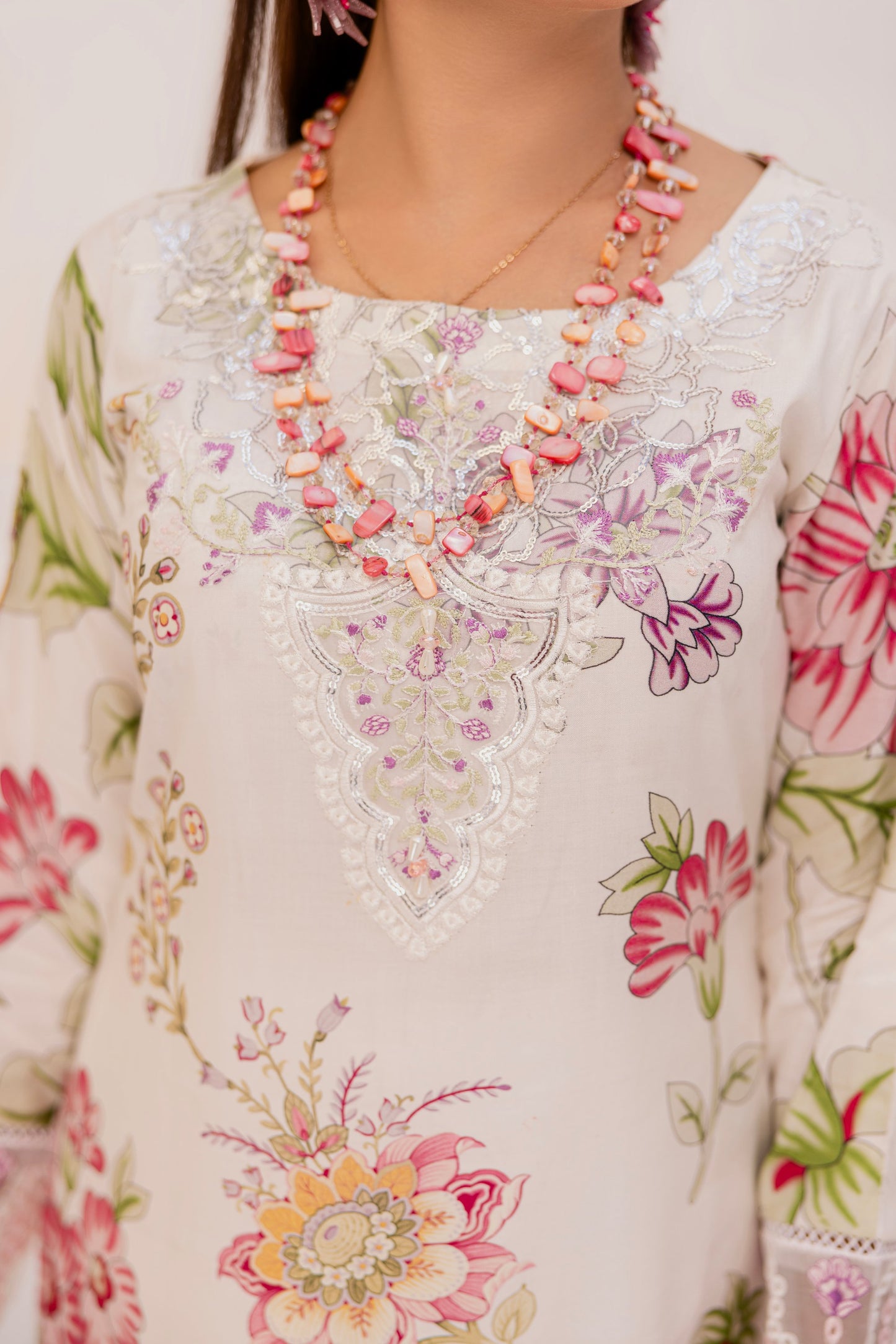 Cream | Floral Printed Embroidered Linen | 3 Pc | Ready-to-wear Dress - Simrans