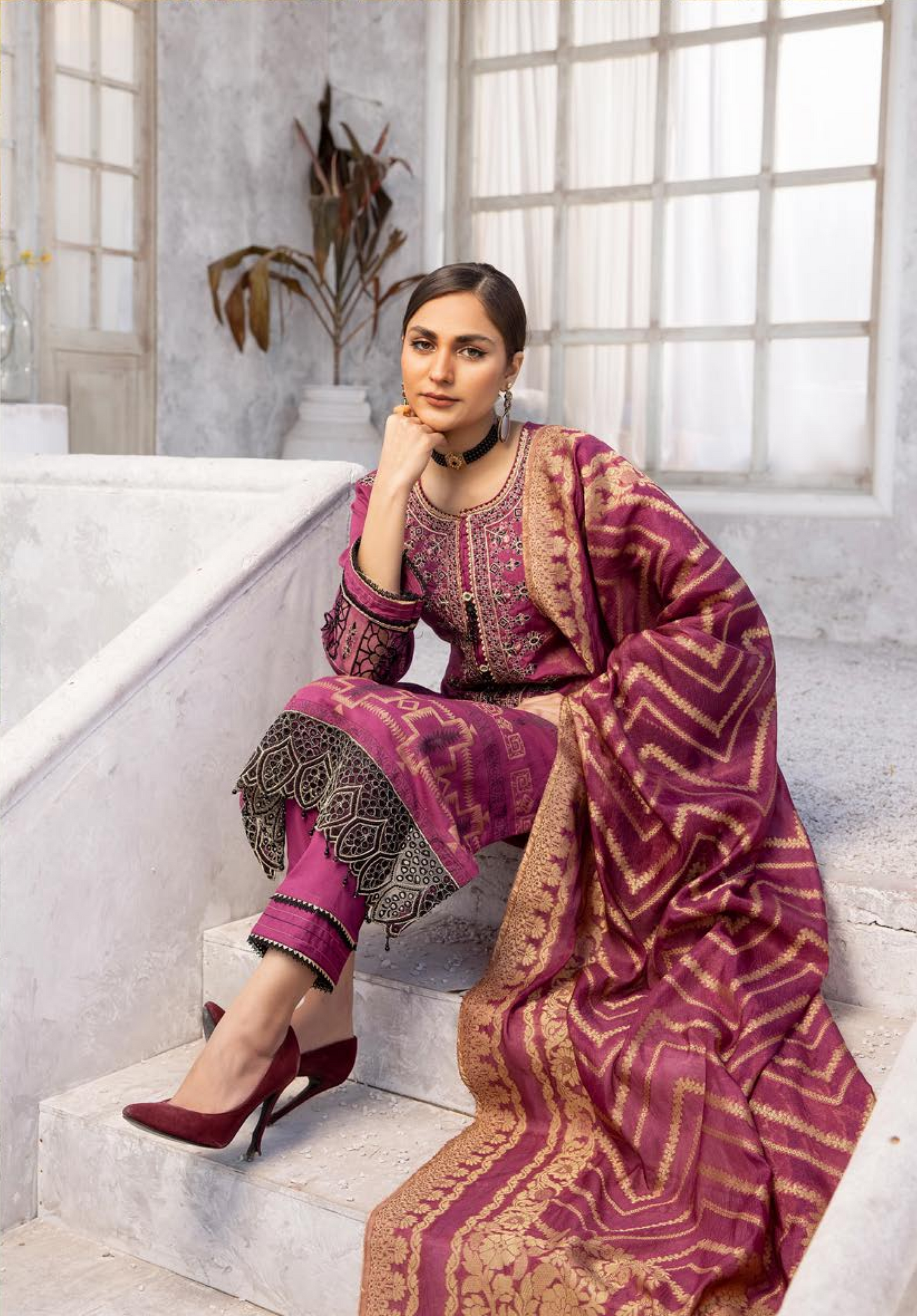 (Light Burgundy) "Bella Festive" 3 Pc Embroidered Jacquard Dress by Simrans