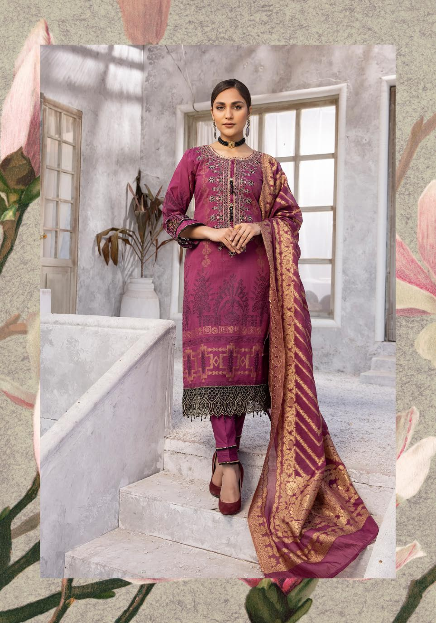 (Light Burgundy) "Bella Festive" 3 Pc Embroidered Jacquard Dress by Simrans