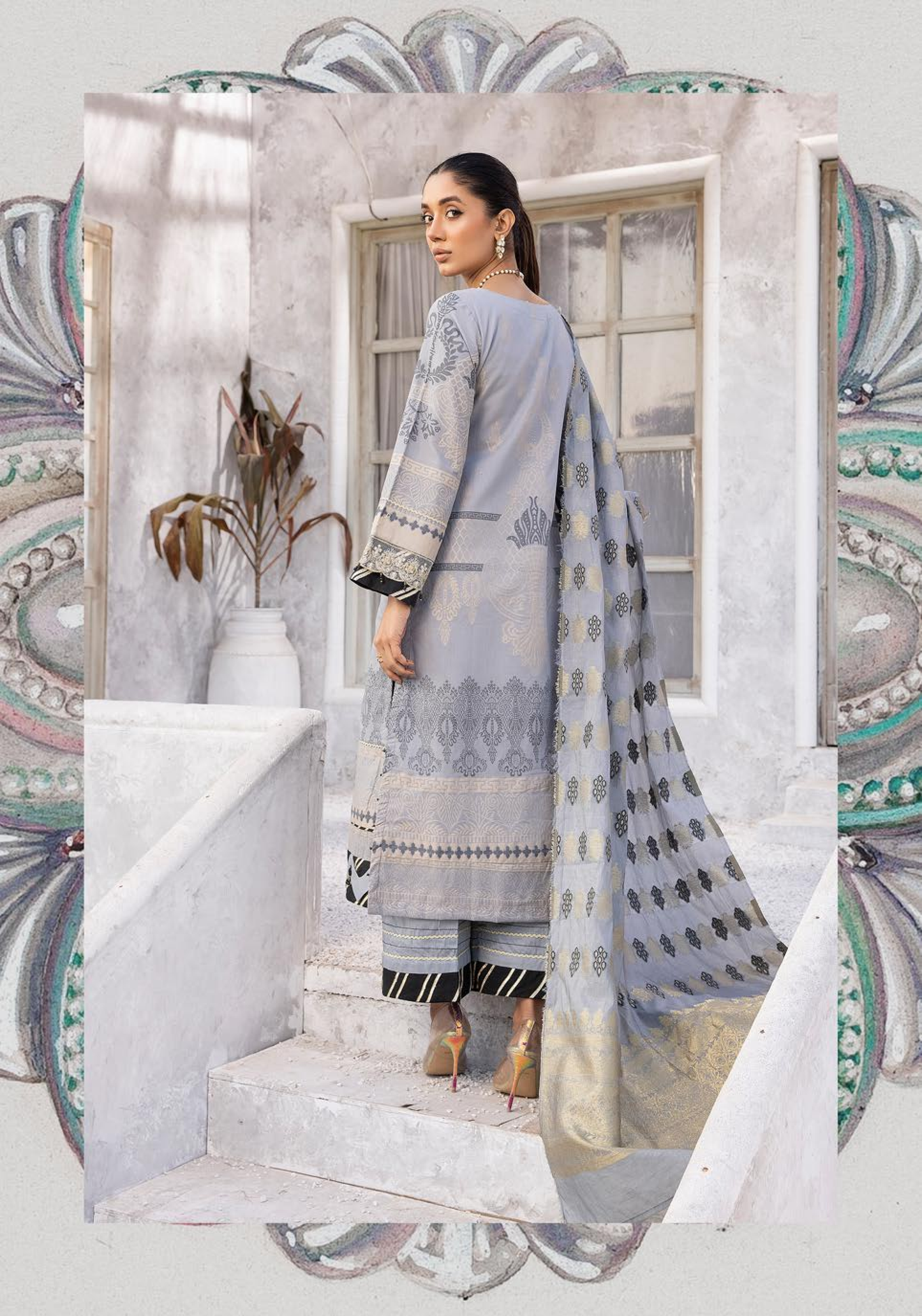 (Grey) "Bella Festive" 3 Pc Embroidered Jacquard Dress by Simrans