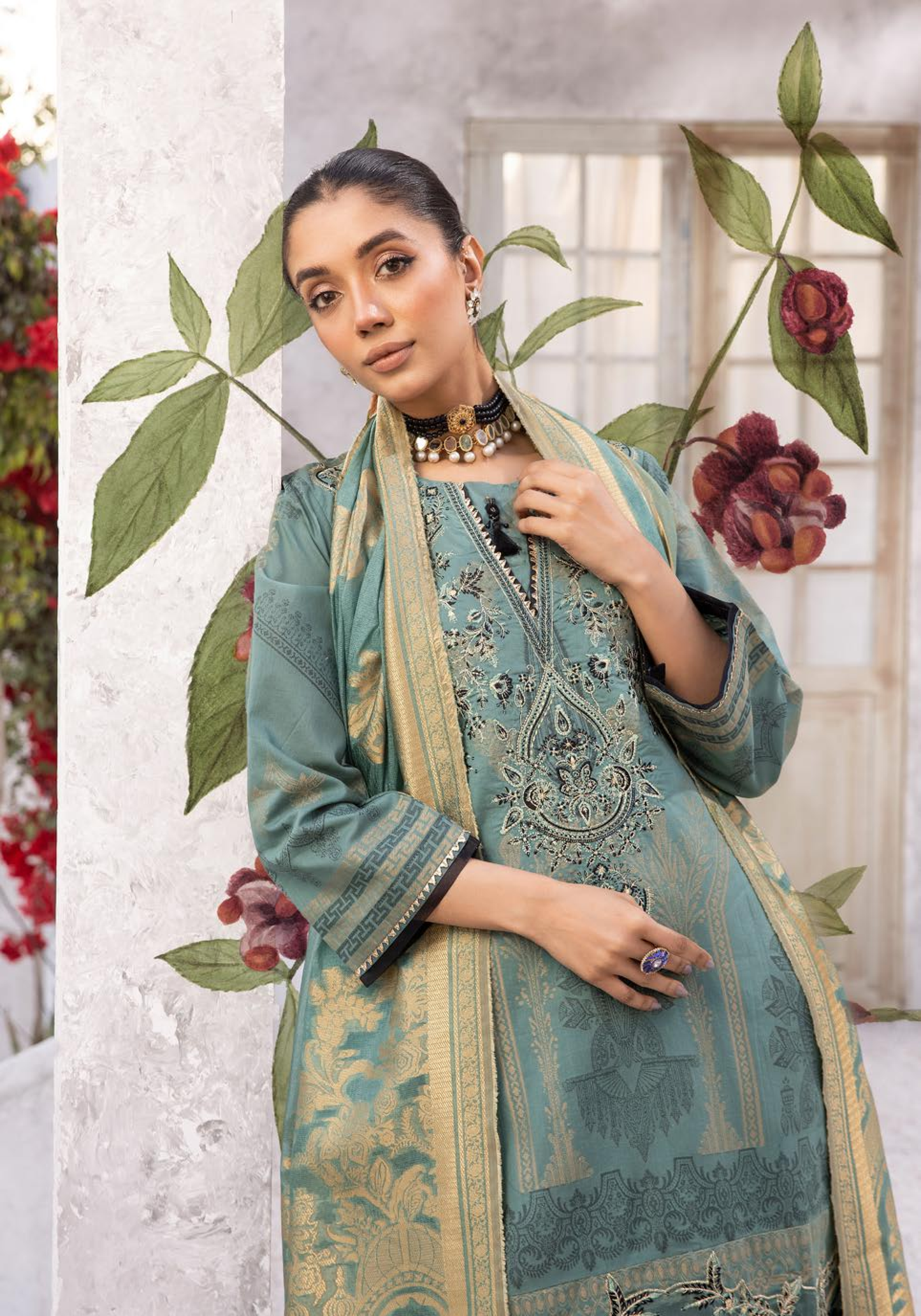 (Sea Green) "Bella Festive" 3 Pc Embroidered Jacquard Dress by Simrans