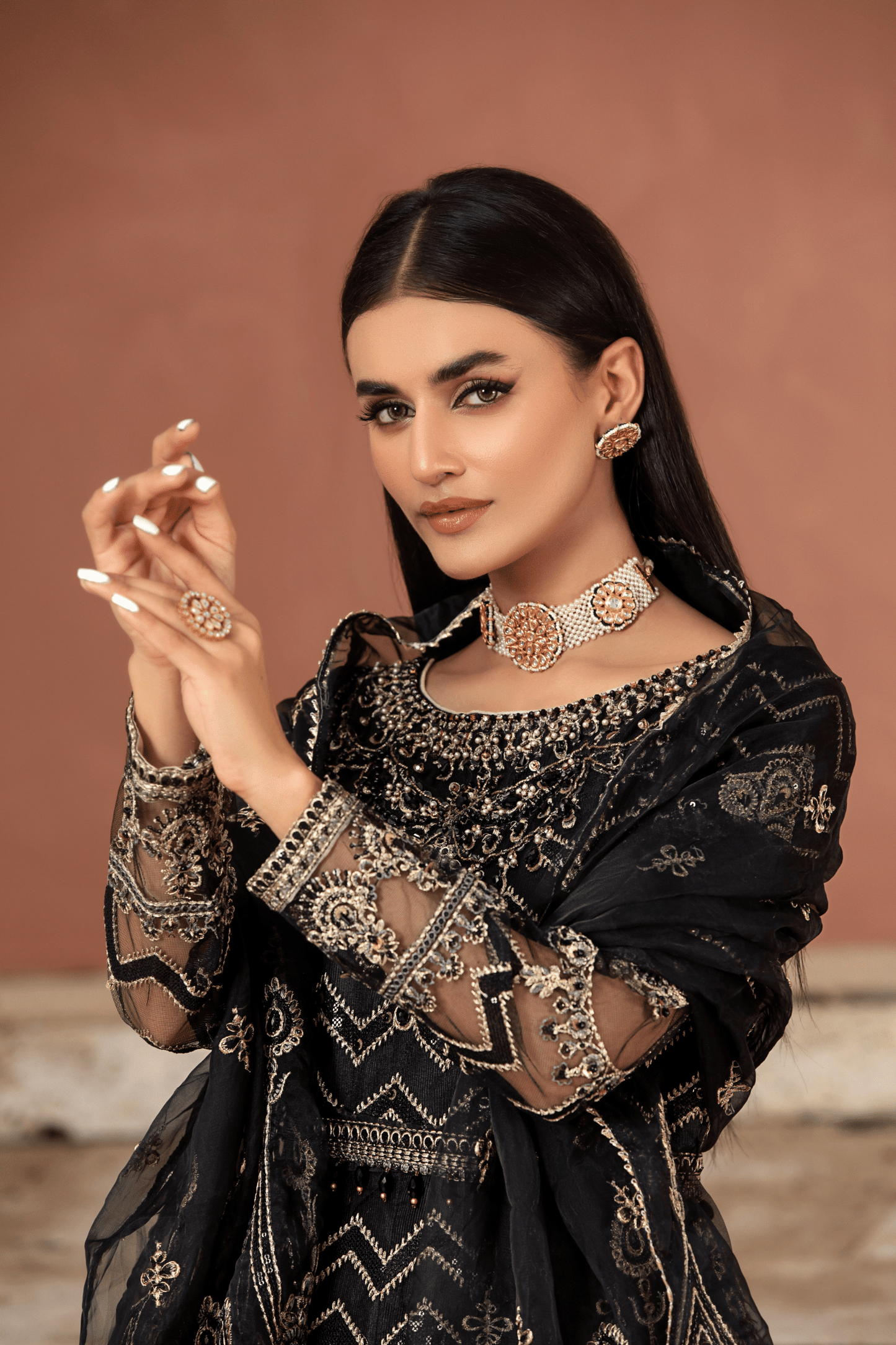 (Black) Embroidered Net Party Wear Dress-Differ