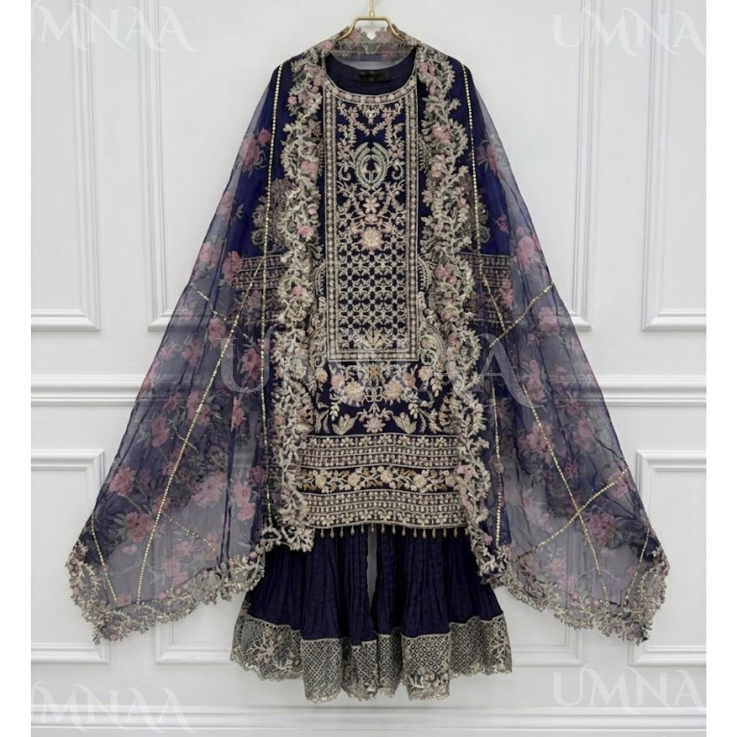 UA-180 Navy Blue Embroidered Festive Chiffon Crushed Sharara Dress by Umnaa