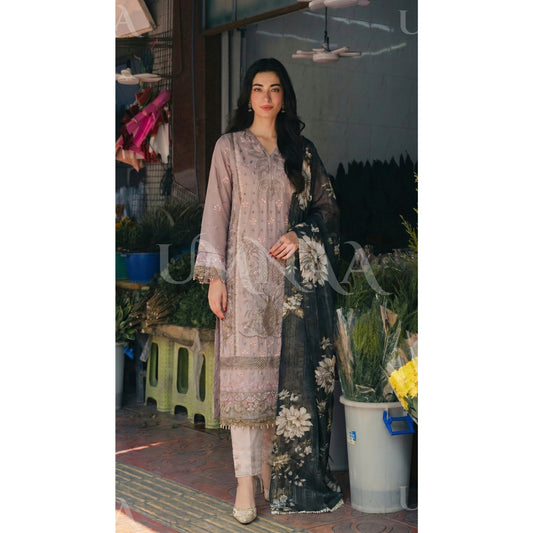 UB-01 3 Pc Embroidered Linen Dress With Cotton Silk Printed Dupatta By UB