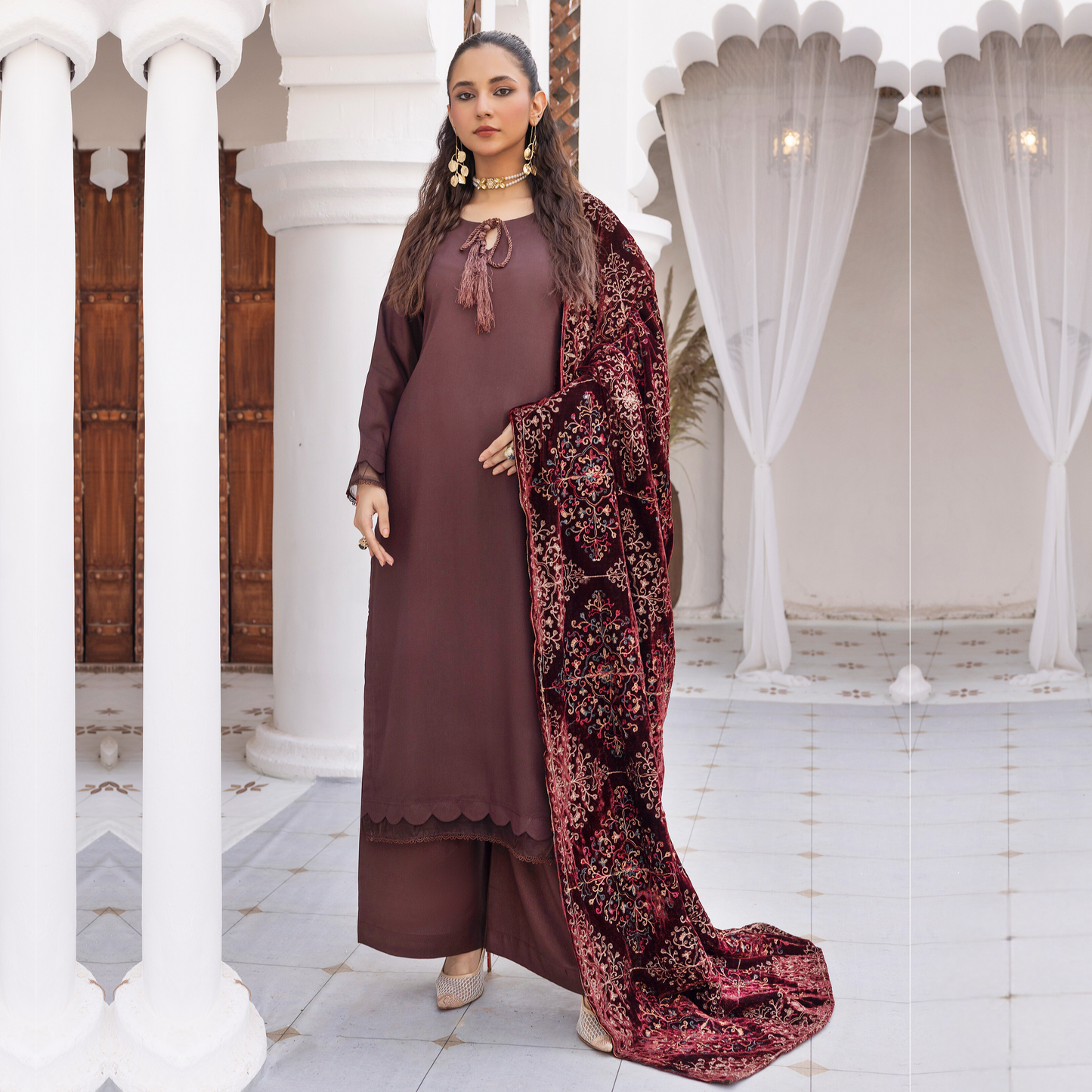 Dhanak Dress Heavily Embroidered Velvet Shawl 3 Pc Ready-to-wear by SIMRANS