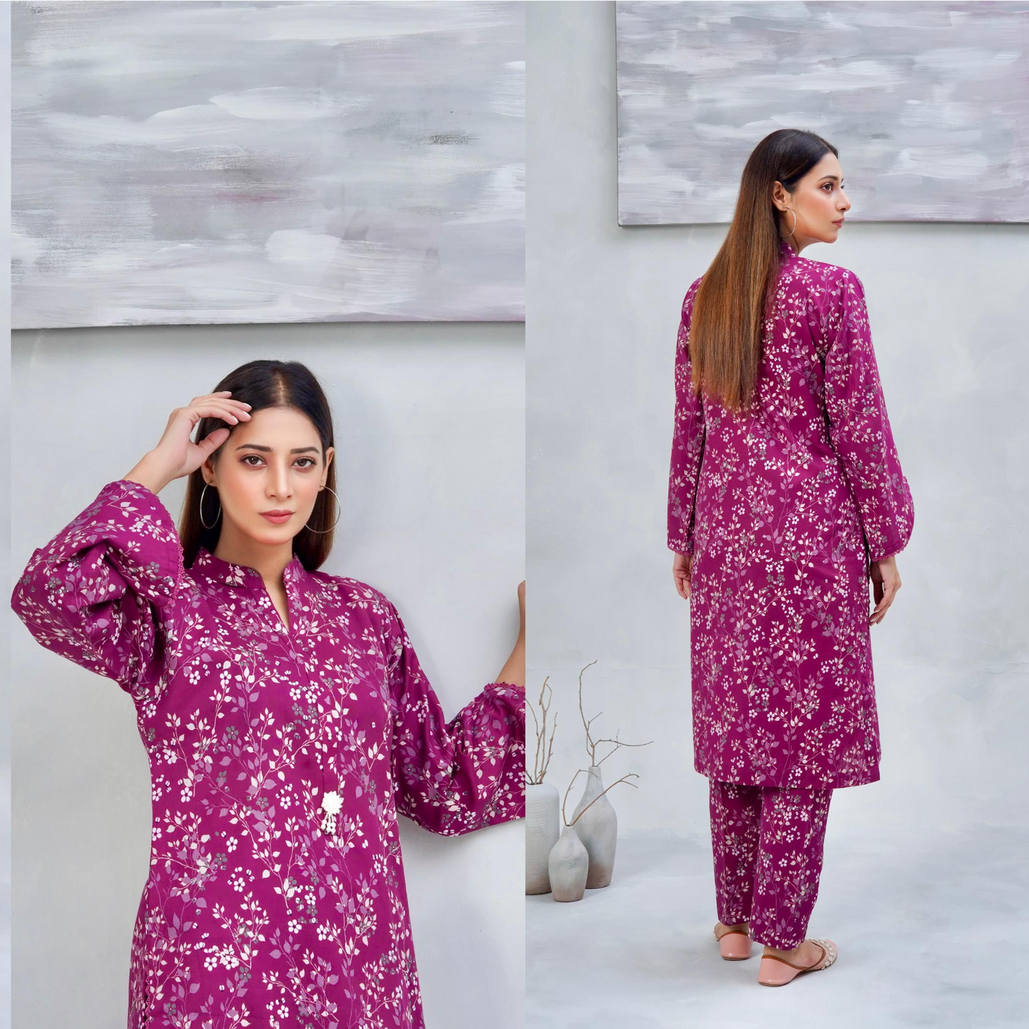 Magenta 2 Pc floral Printed Khaddar Pakistani Co-Ords Set | Ready to wear| Hayats