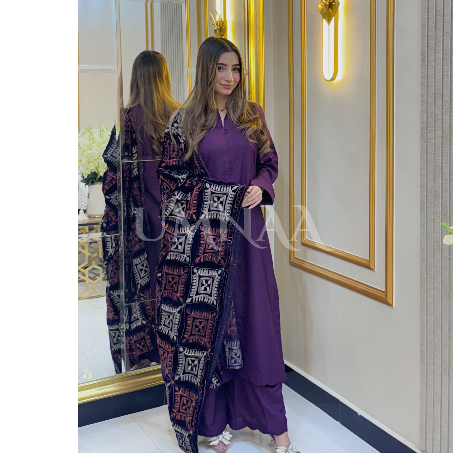 UA-32 Dhanak Dress Embroidered Velvet Shawl 3 Pc | Ready to wear | UMNAA