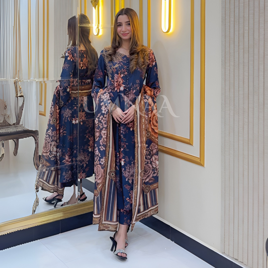 UA-33 Printed Embroidered Winter Linen 3 Pc Dress | Ready to wear | UMNAA