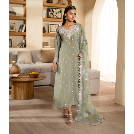 3 Pc Embroidered Raw Silk Farshi Shalwar kameez Pakistani Dress | Ready to wear | Raniya.h URA-14
