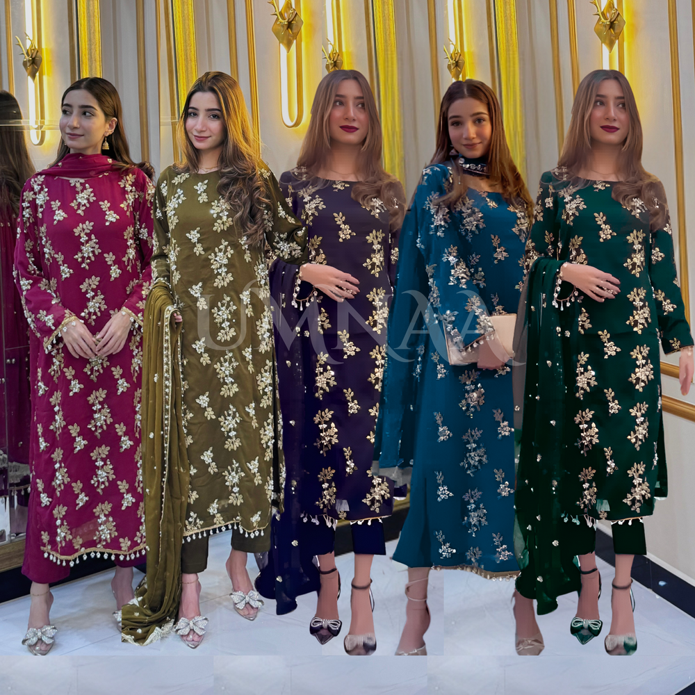 3 Piece Embroidered Chiffon Party wear Pakistani Dress | Umnaa