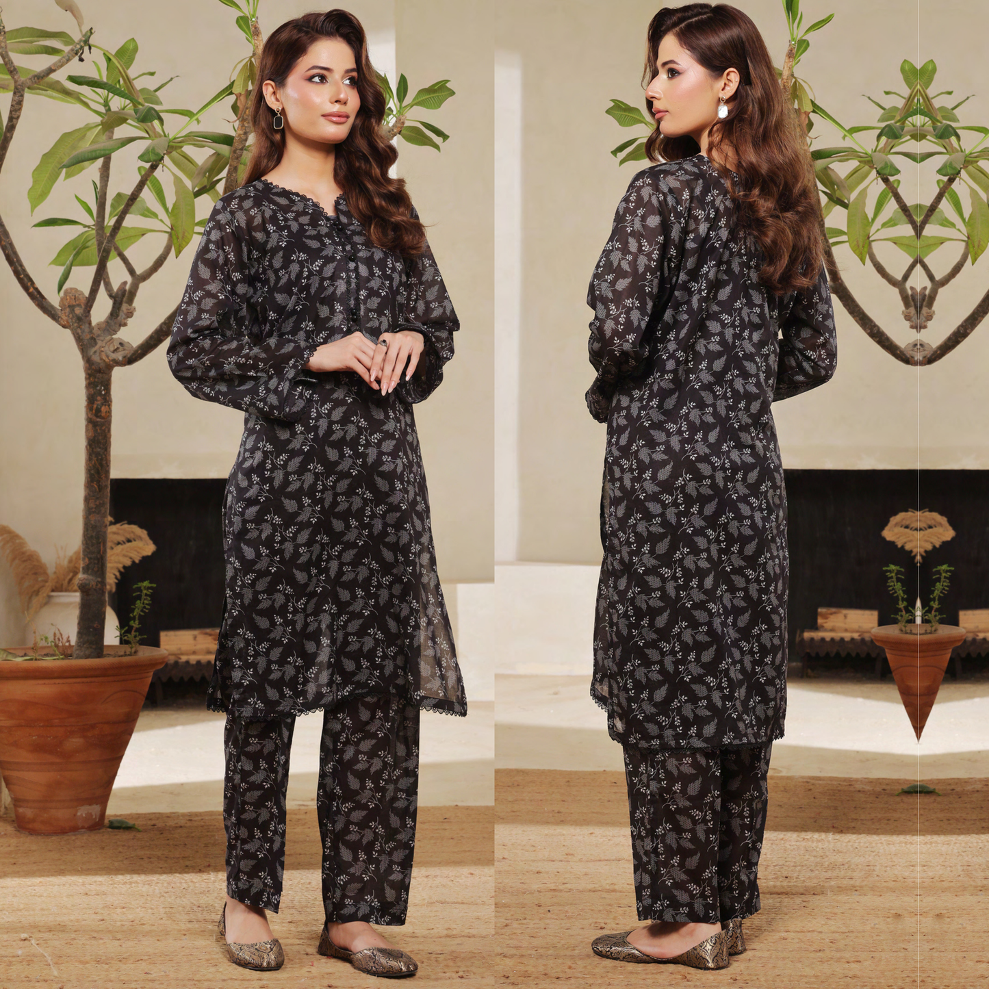 2 Pc Printed Lawn Monochrome Co-Ords Dress - Saphron
