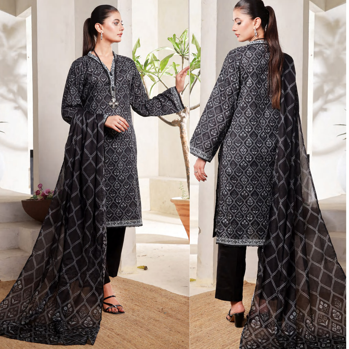 3 Pc Printed Lawn Monochrome Collection - Saphron