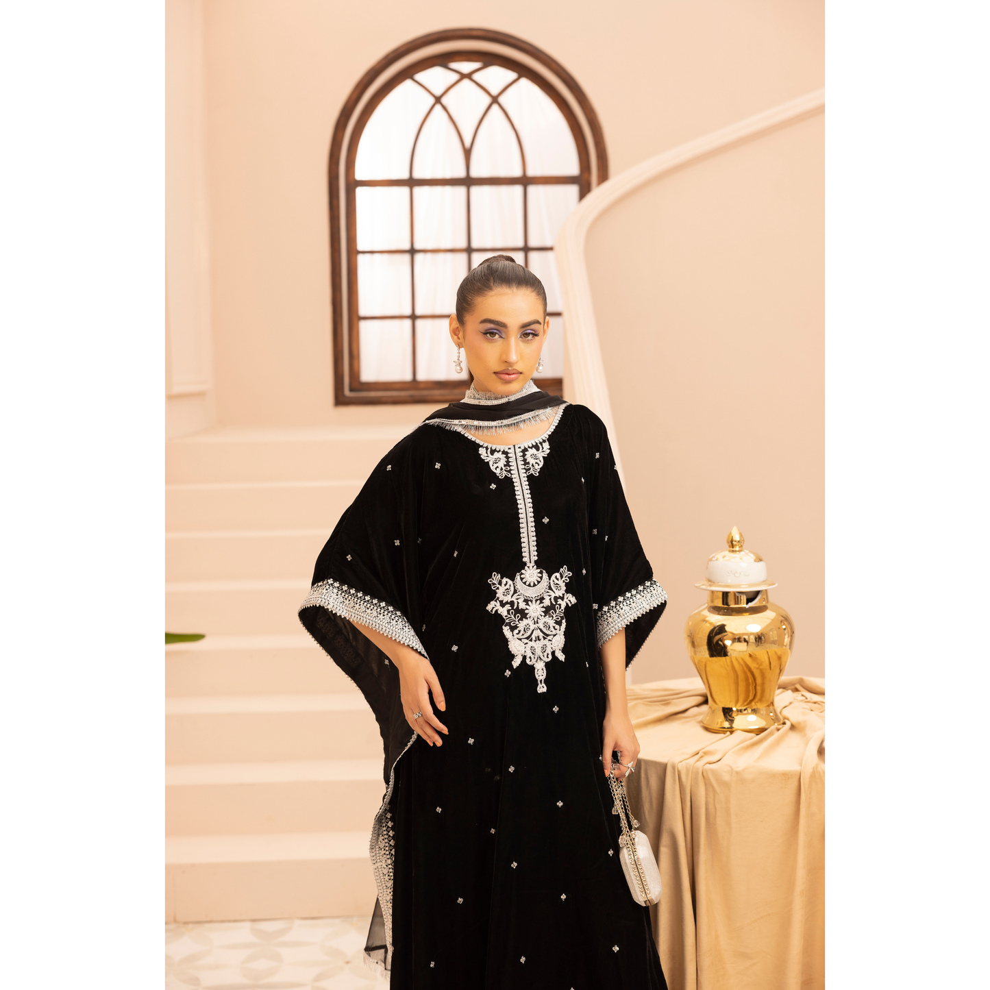 UMS-39 Zayna by Simrans Velvet Kaftan Embroidered 3 Pc Collection Asian Clothes | Modest Wear