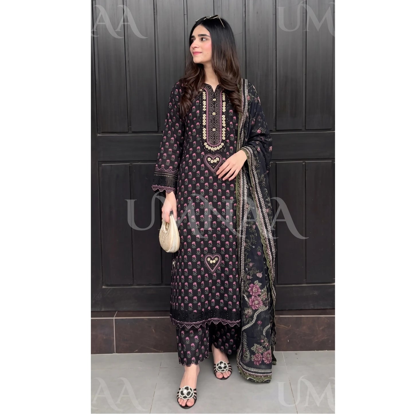 UA-229 Printed Lawn Long Kaftan Style 3 Piece Casual Summer Collection by Umnaa