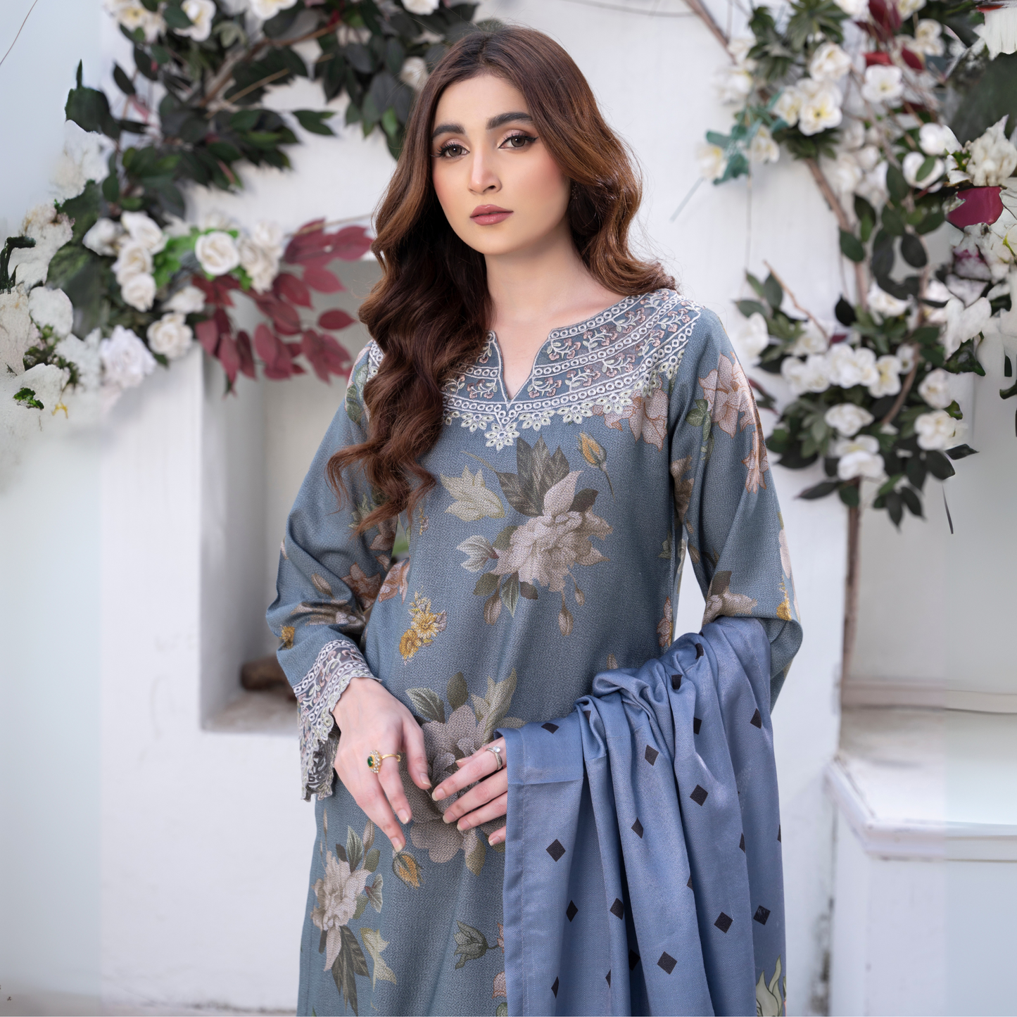 3 Pc Embroidered Printed Dress with Dhanak Wool Shawl | Winter Collection | Raniya.h | UMRAH0503