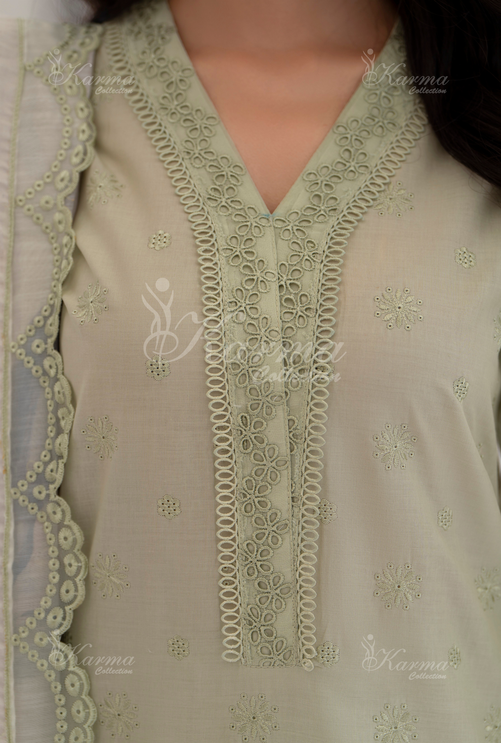 KC- 1386 | Greyish Green | 3 Pc | Chikenkari Cotton Lawn | Karma Collection