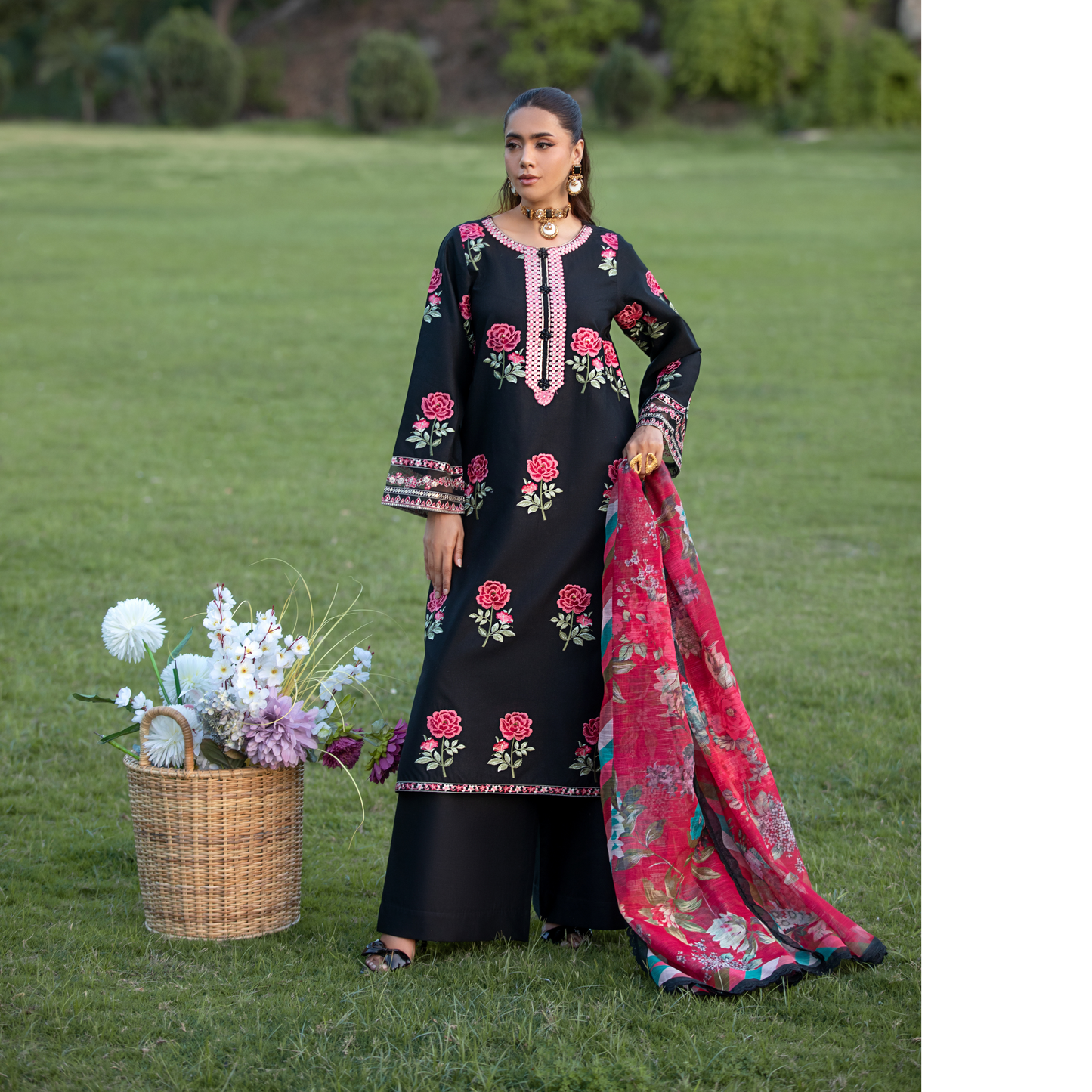 (Black) Luxury Cambric Cotton Embroidered Dress | Ready to Wear | Heera's