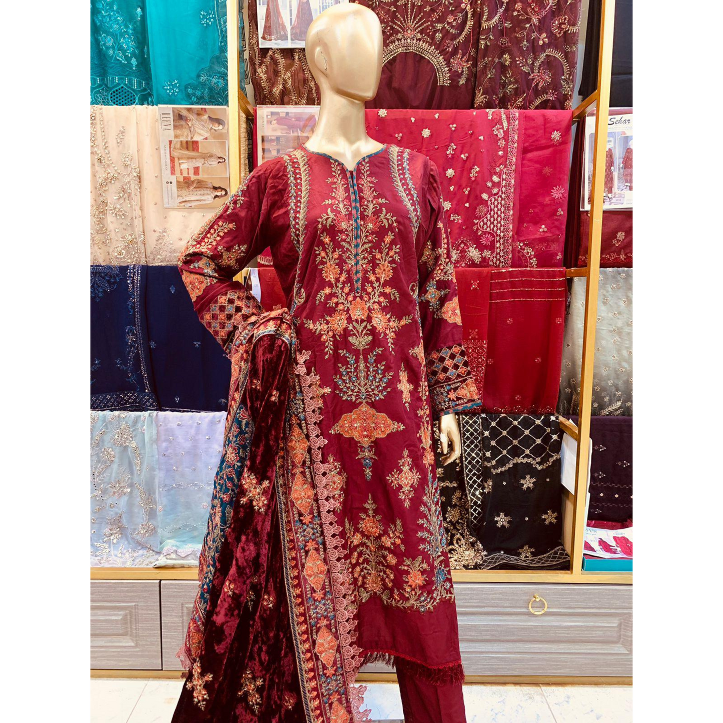 (Maroon) Embroidered Luxury Velvet Twill Linen Suit | 3 Pc | Winter Collection | MARIA.B