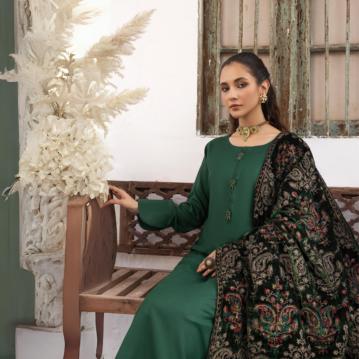 Dhanak Dress Heavily Embroidered Velvet Shawl 3 Pc Ready-to-wear by SIMRANS