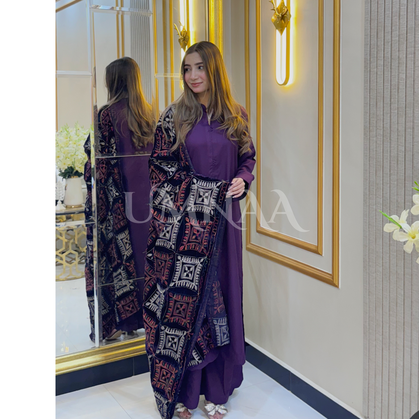 UA-32 Dhanak Dress Embroidered Velvet Shawl 3 Pc | Ready to wear | UMNAA