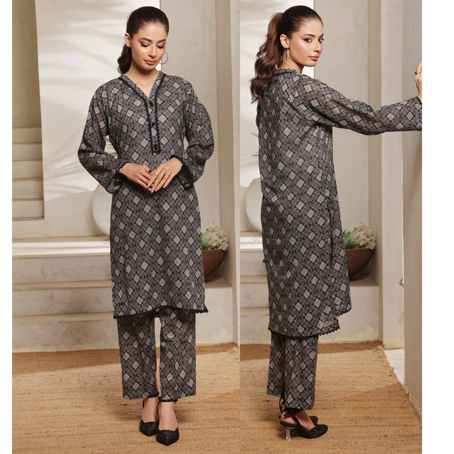 2 Pc Printed Lawn Monochrome Co-Ords Dress - Saphron