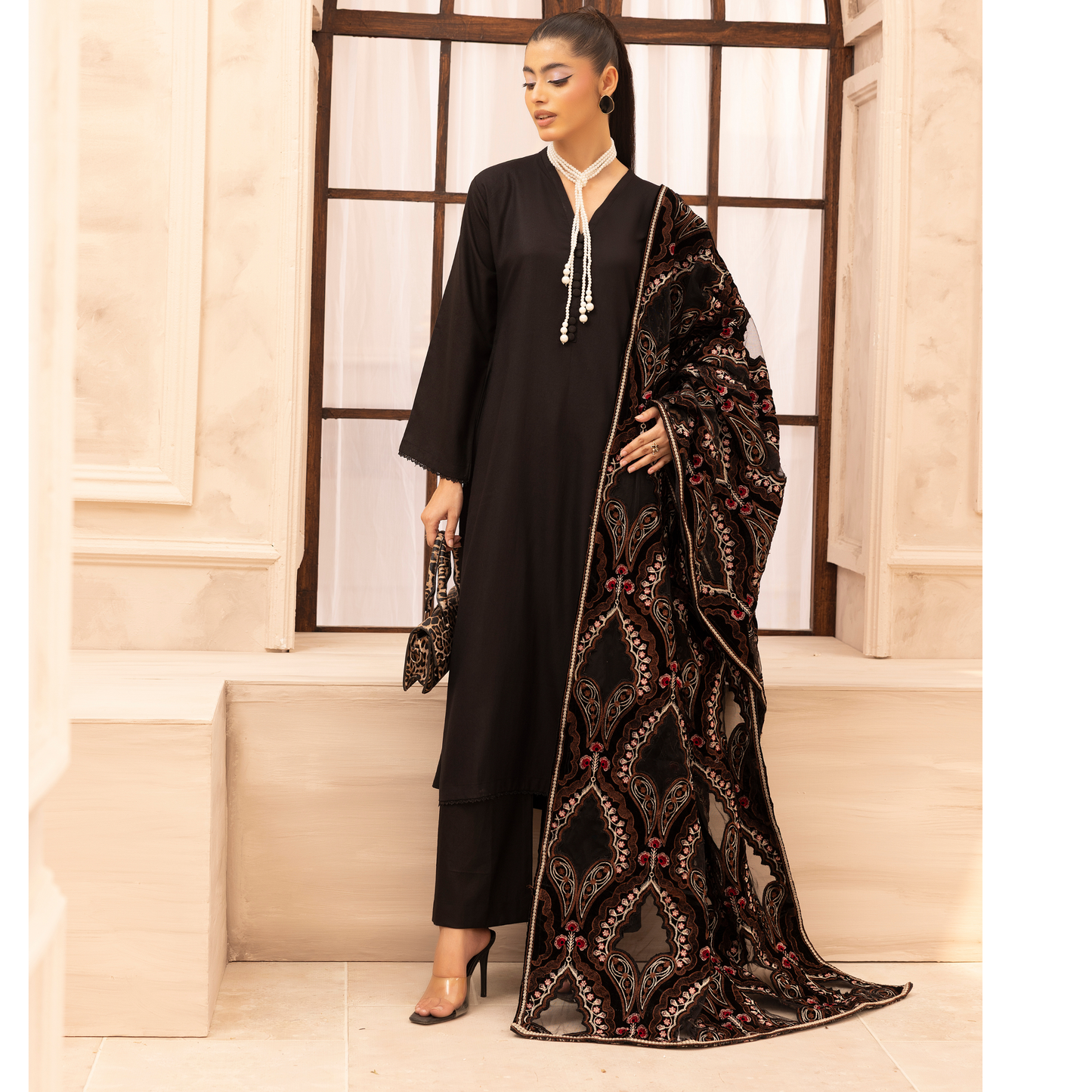 UMS-37 Hanna by Simrans Embroidered Dhanak Dress with Winter Laser Cut Shawl | Ready to Wear | Asian Clothes