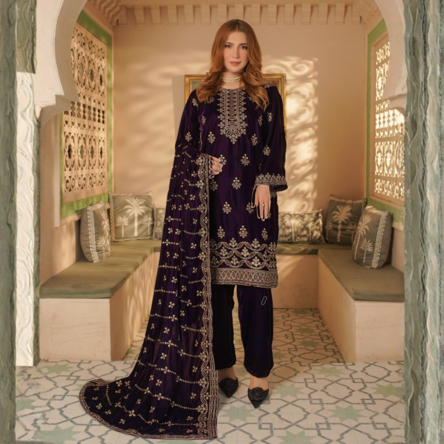 UA-127 Luxury Embroidered Velvet Collection Pakistani Festive Partywear Dress by Umnaa