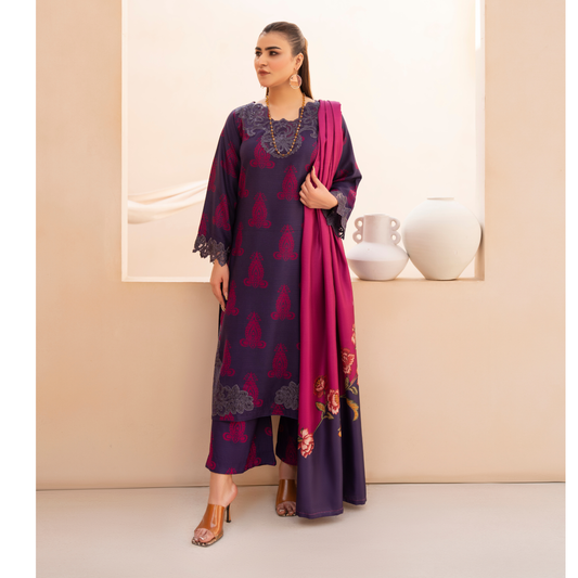 RA-24 Embroidered Printed Dhanak dress with Wool Shawl by Raniya.h