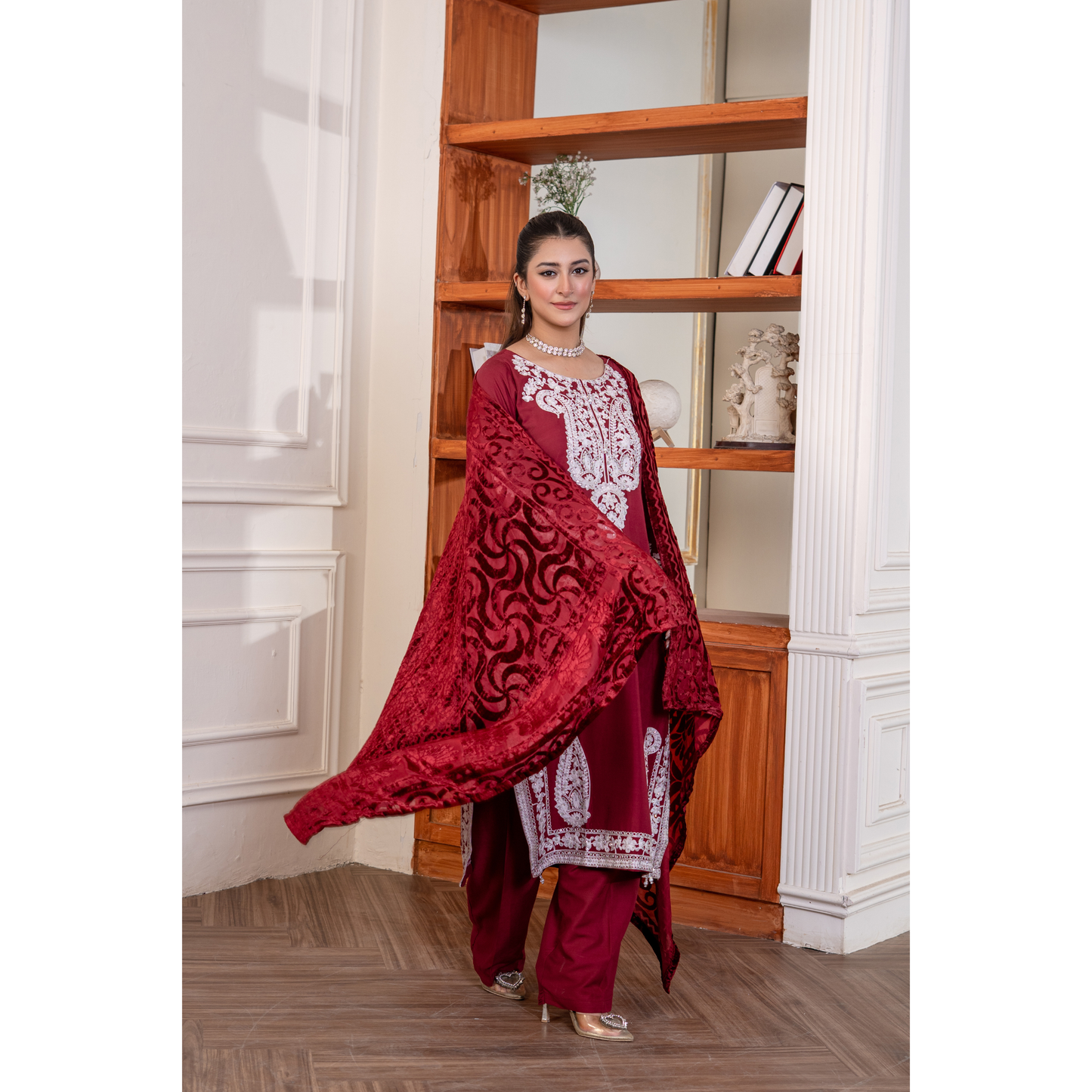 UA-130 Winter Linen dress with Velvet Shawl Collection by Umnaa