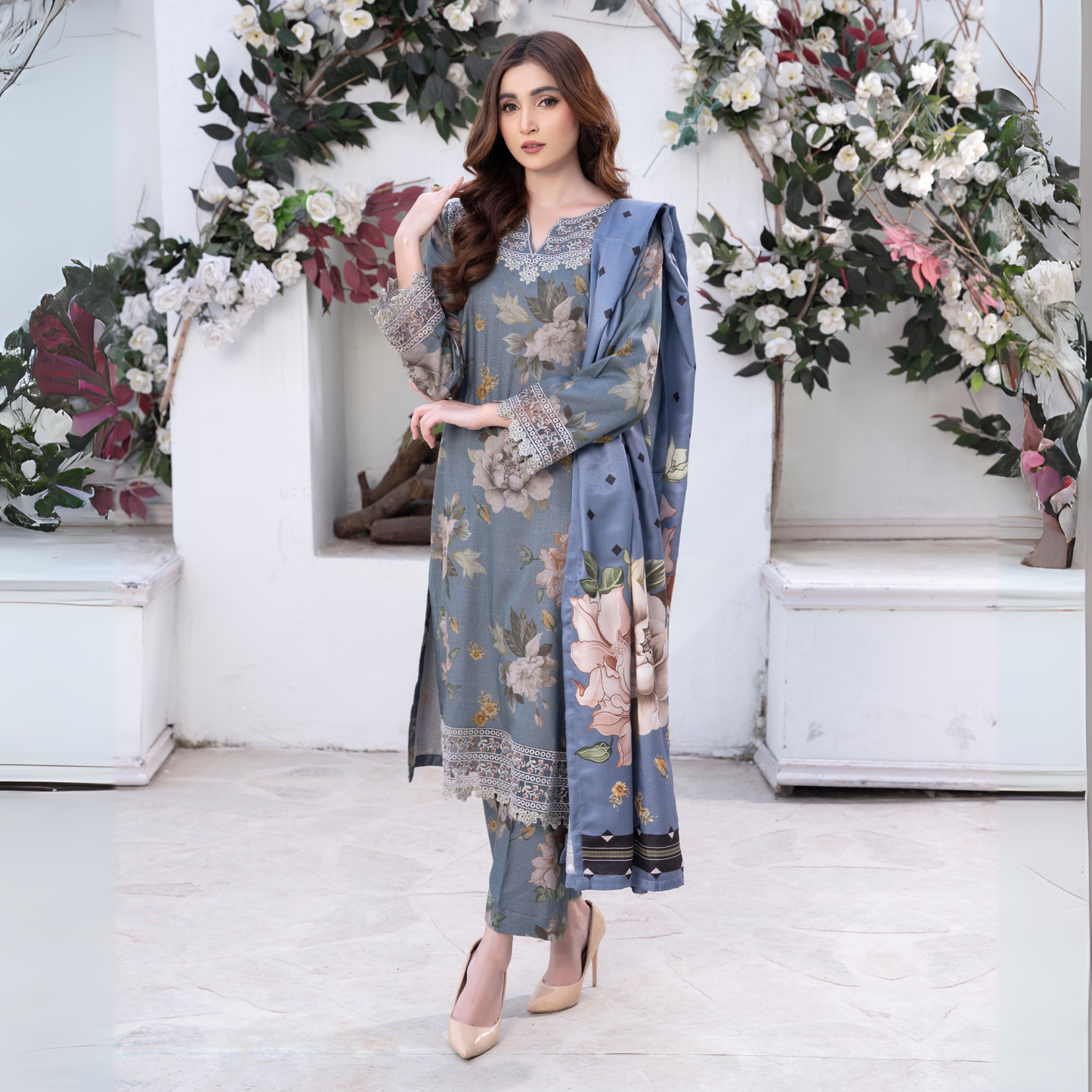 3 Pc Embroidered Printed Dress with Dhanak Wool Shawl | Winter Collection | Raniya.h | UMRAH0503
