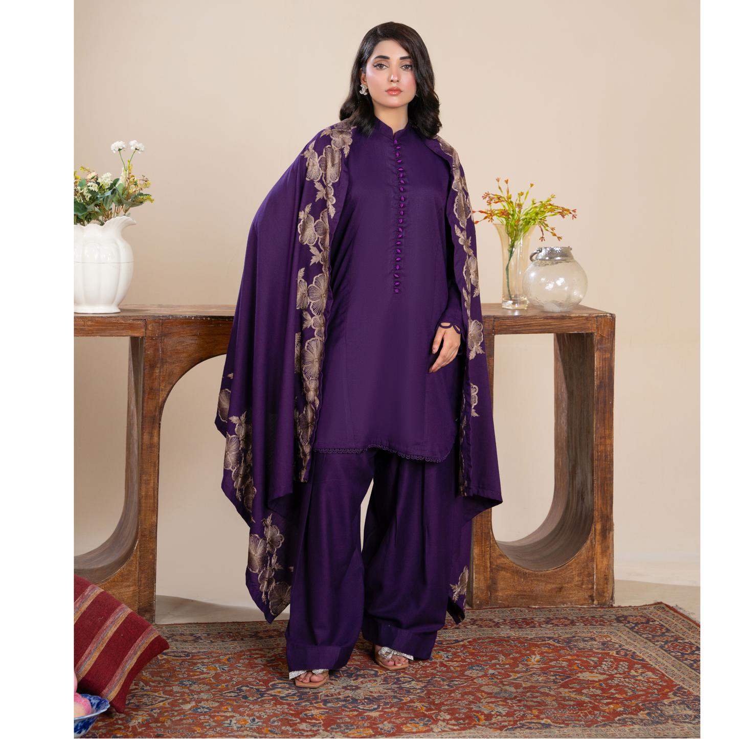 RA-21 3 Pc Dhanak Dress with Embroidered Dhanak Shawl |Ready to Wear | Winter Collection | Raniya.h