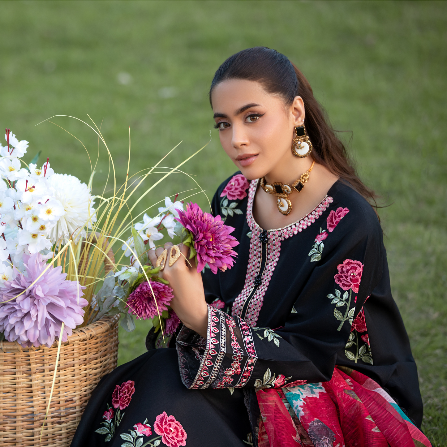 UHE-55 (Black) Luxury Cambric Cotton Embroidered Dress | Ready to Wear | Heera's