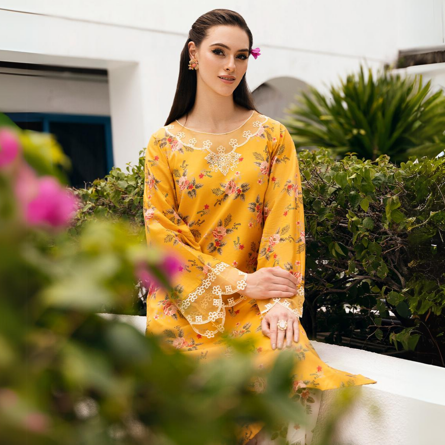 (Saffron Mango) 2 Piece Embroiderd Digital Printed Winter Cambric Cotton Co-Ords Set | Esra Fashion