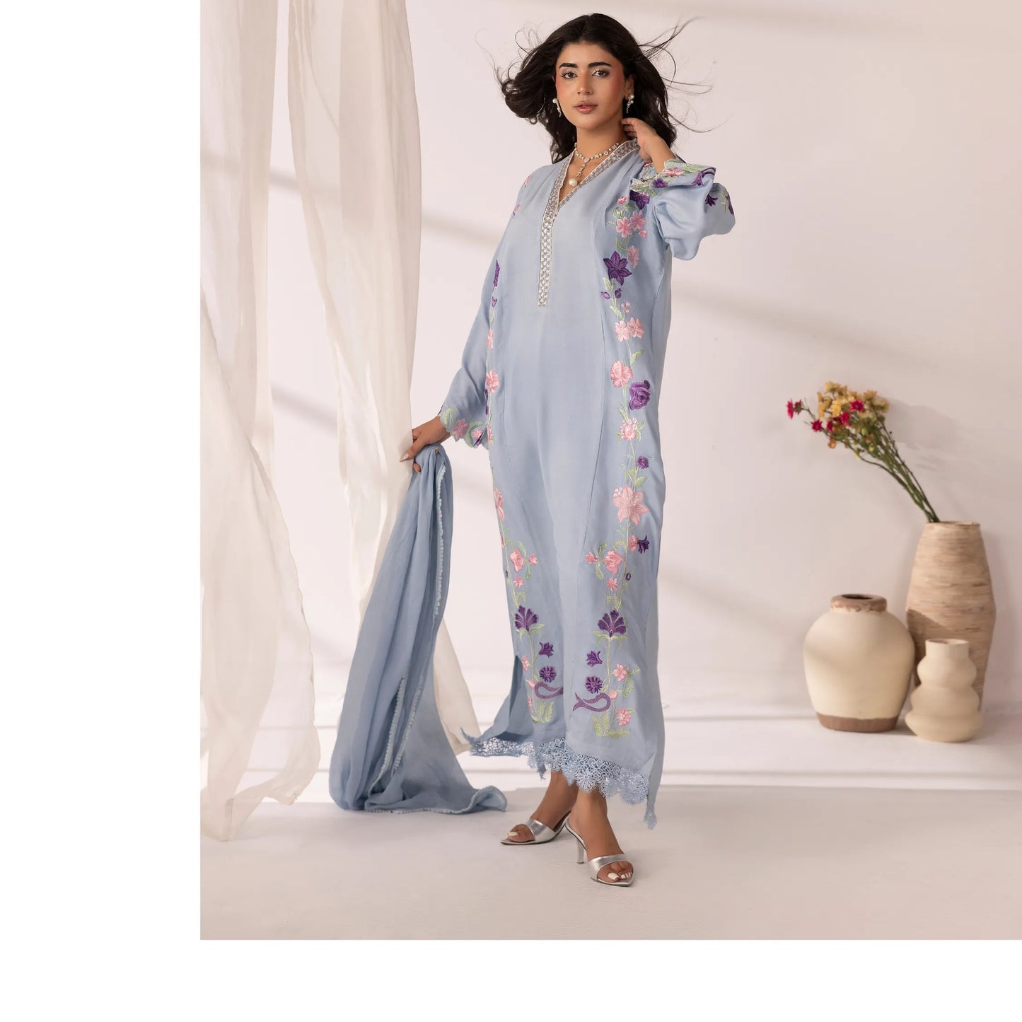UMS-65 Lira by Simrans Embroidered Viscose Linen 3 Piece Suit | Premium Embroidered Shirt, Trouser & Dupatta | Semi Formal Women's Wear