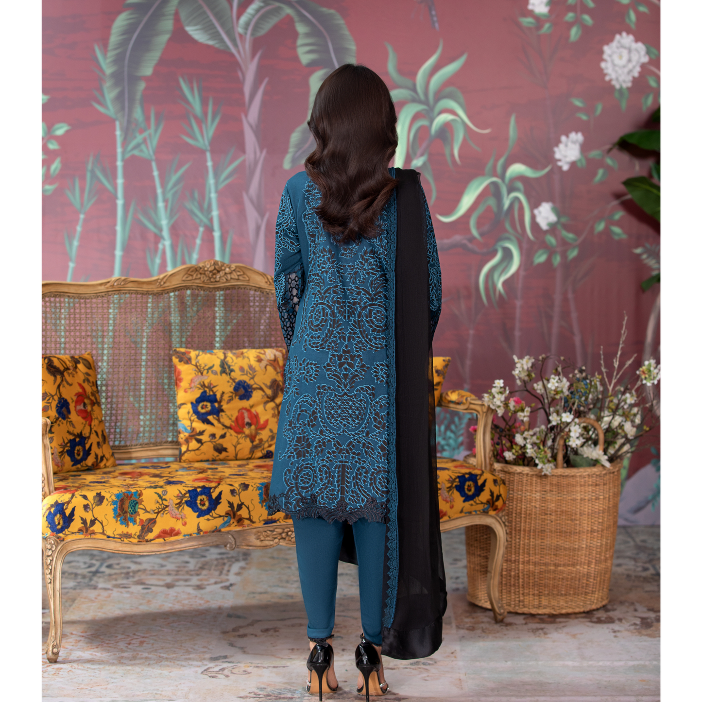 (Blue) 3 Pc Embroidered Dhanak Pakistani Dress With Chiffon Dupatta | Winter Wear | Heera's