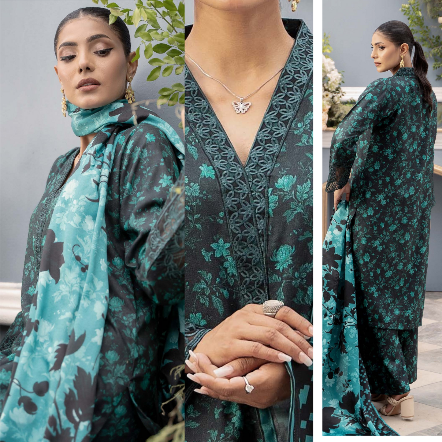 (Black & Sea Green) Embroidered Printed Dhanak Dress with Dhanak Shawl | Winter Collection | Raniya.h