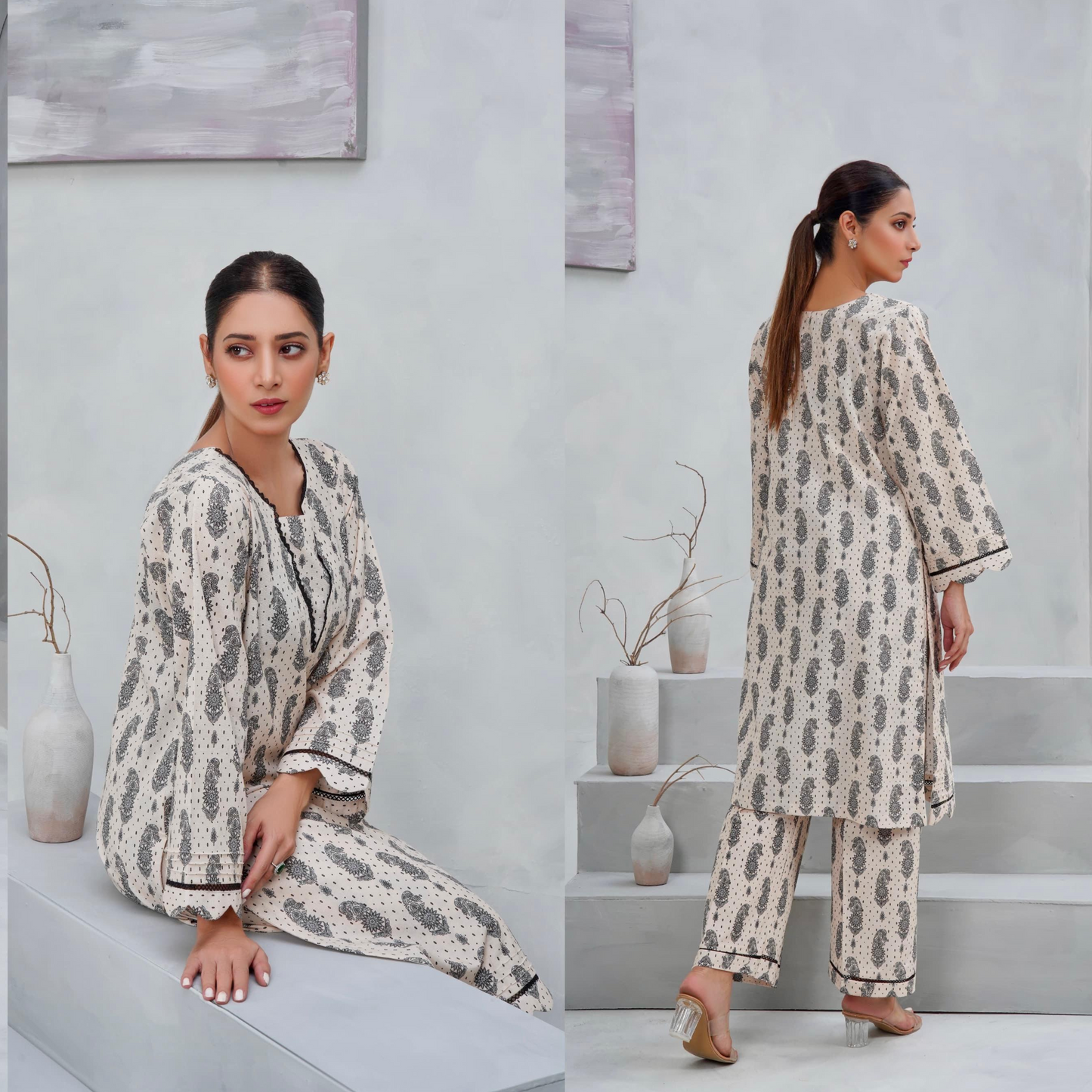 Cream 2 Pc floral Printed Khaddar Pakistani Co-Ords Set | Ready to wear| Hayats
