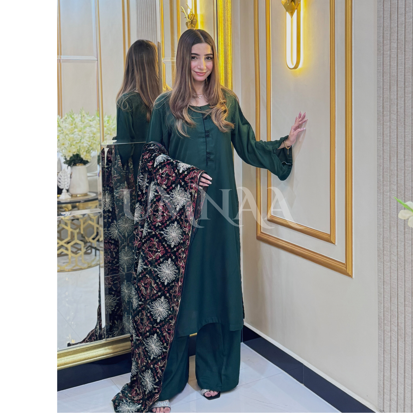 UA-32 Dhanak Dress Embroidered Velvet Shawl 3 Pc | Ready to wear | UMNAA
