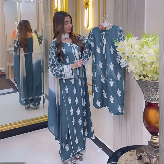 UA-57 3 Pc Luxury mother daughter Embroidered Linen Collection- Umnaa