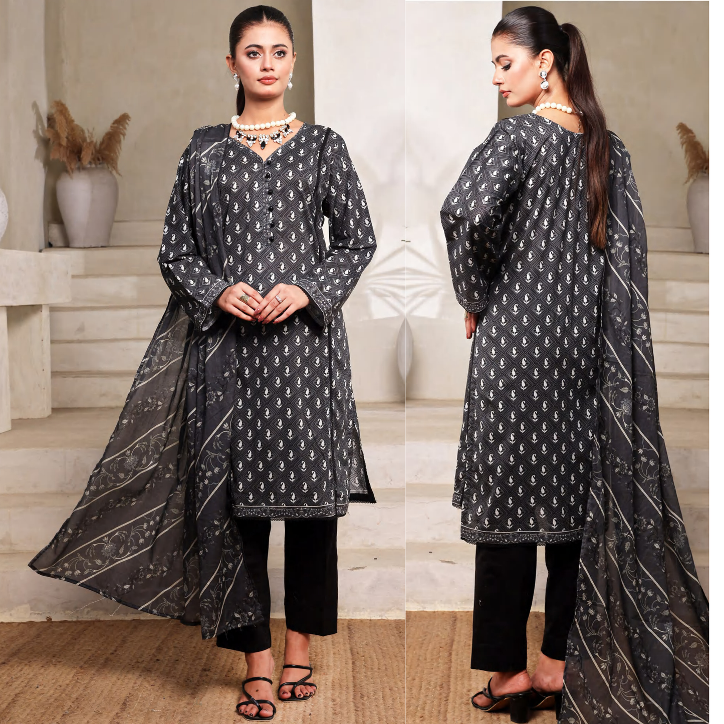 3 Pc Printed Lawn Monochrome Collection - Saphron