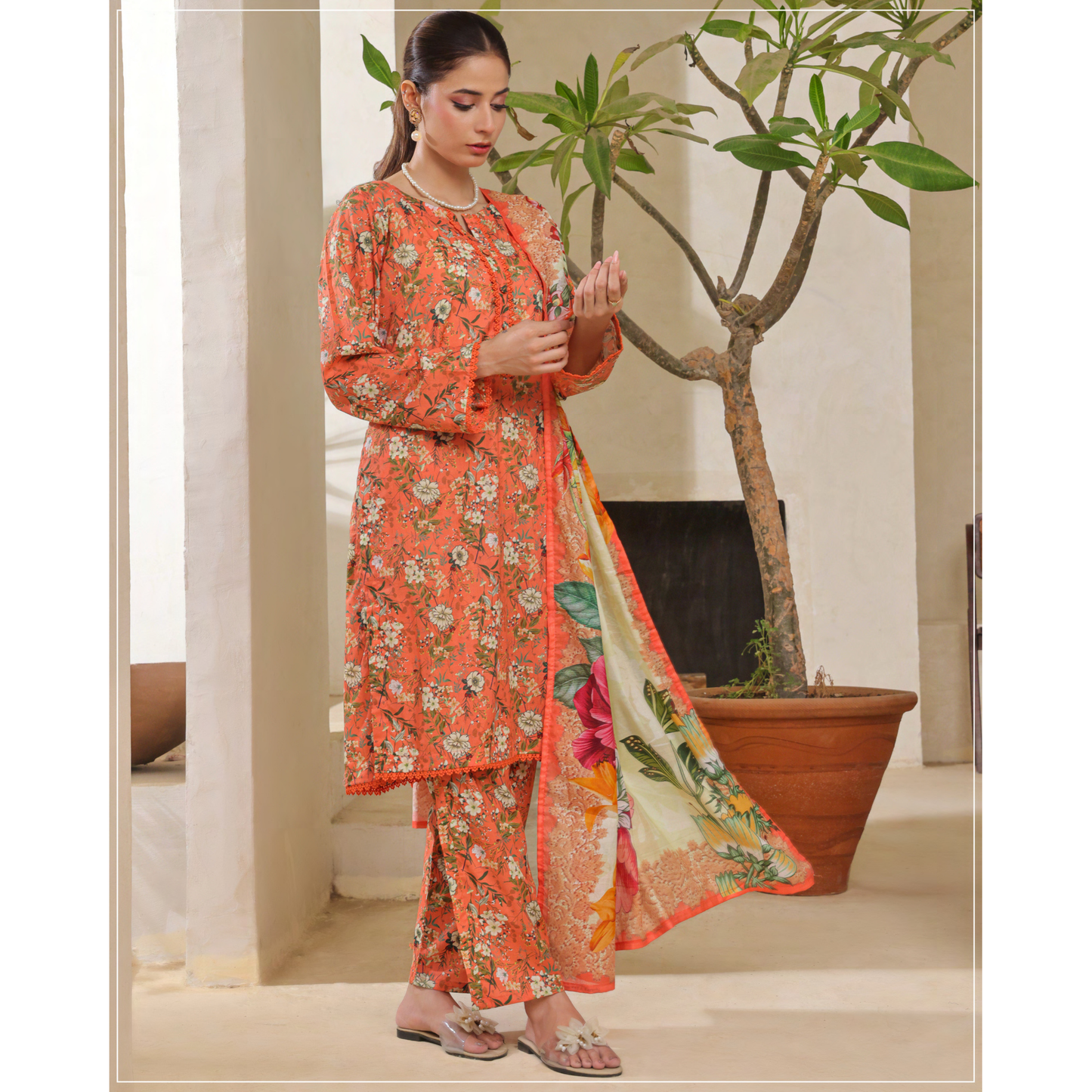 USN-14 Printed Lawn 3 Pc Dress | Ready to Wear | Saphron