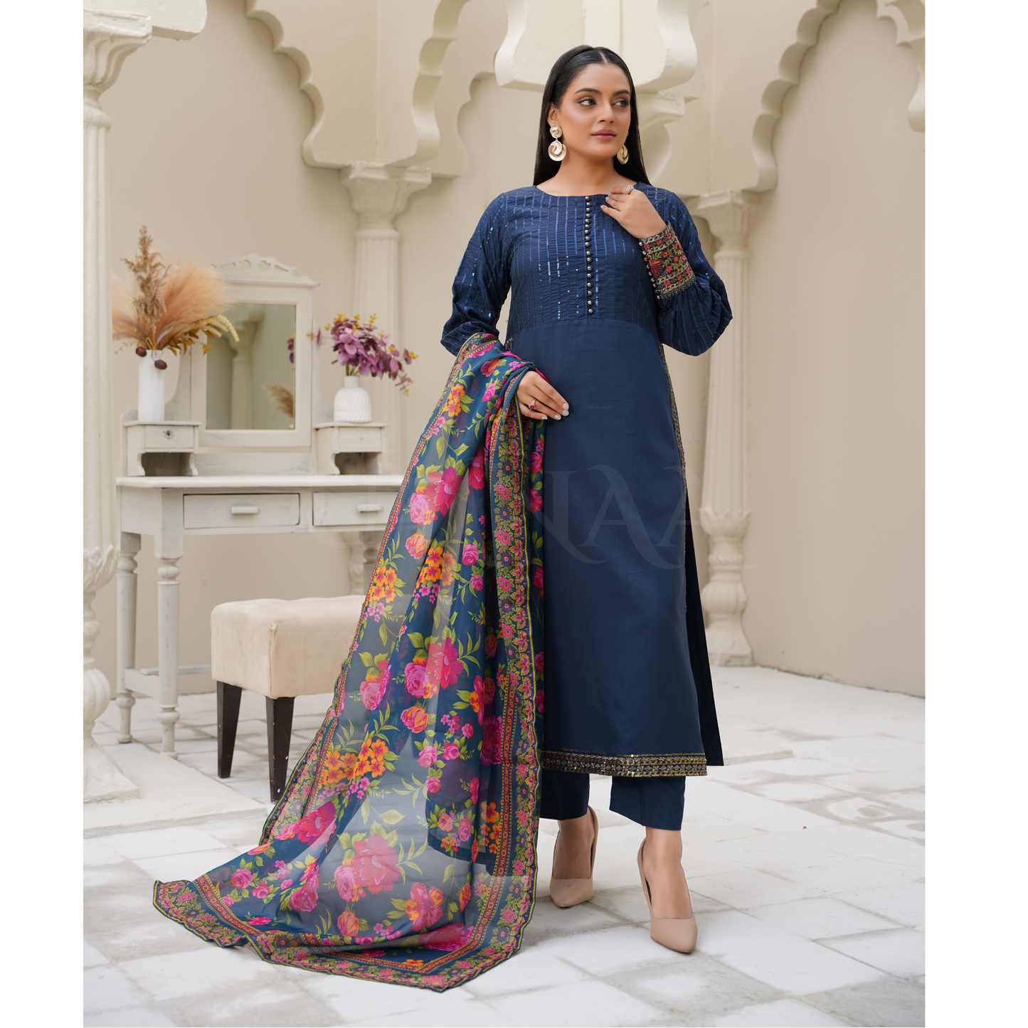 UA-27 Embroidered Viscose Dress & Chiffon Dupatta UMNAA