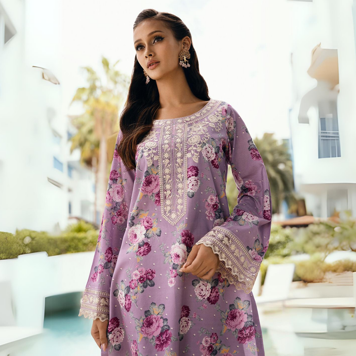 (Pastel Purple) 2 Piece Embroiderd Digital Printed Winter Cambric Cotton Co-Ords Set | Esra Fashion